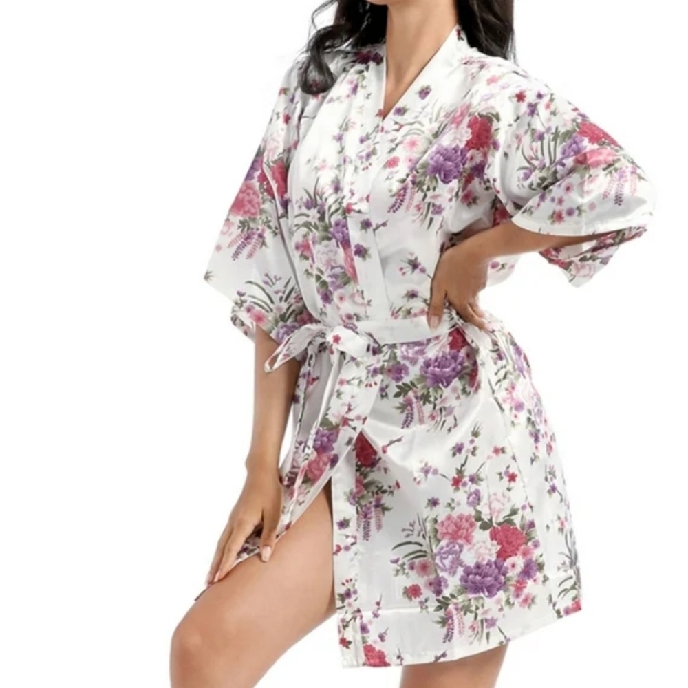 Eplaza Floral Satin Kimono Robe Ivory Pink Purple
